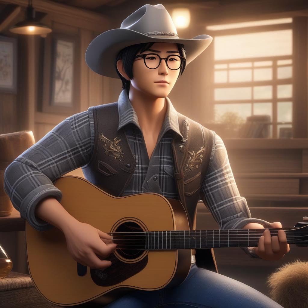  A young Japanese fantasy cowboy with short spiky dark hair and glasses wearing a long sleeved gray plaid cowboy shirt, a vest, jeans with a belt, cowboy boots, and a cowboy hat playing an acoustic guitar., ((masterpiece)), best quality, very detailed, high resolution, sharp, sharp image, extremely detailed, 4k, 8k