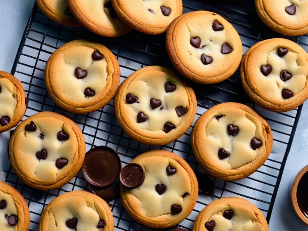  A closeup, ultradetailed image of a freshly baked batch of vegan chocolate chip cookies arranged in a circular pattern on a sleek, matte black cooling rack. The cookies are perfectly goldenbrown with slightly melted chocolate chips visible on the surface, emitting a warm, inviting aroma. The delicate texture of the cookies is highlighted by the subtle crinkles on the edges, and a sprinkle of flaky sea salt glistens under the soft glow of natural light filtering through a nearby window. hyperrealistic, full body, detailed clothing, highly detailed, cinematic lighting, stunningly beautiful, intricate, sharp focus, f/1. 8, 85mm, (centered image composition), (professionally color graded), ((bright soft diffused light)), volumetric fog, trending on instagram, trending on tumblr, HDR 4K, 8K