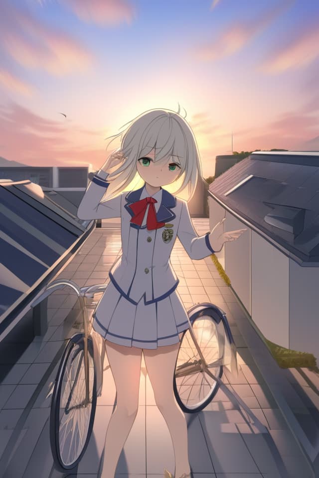  ((High quality, high quality, super resolution, good anatomy)) MasterPEACE, Best of the Best A beautiful black triple ided rooftop sweet that matches a small, cute female picture High student and women's stylish bicycle nice uniform Windy Sunset