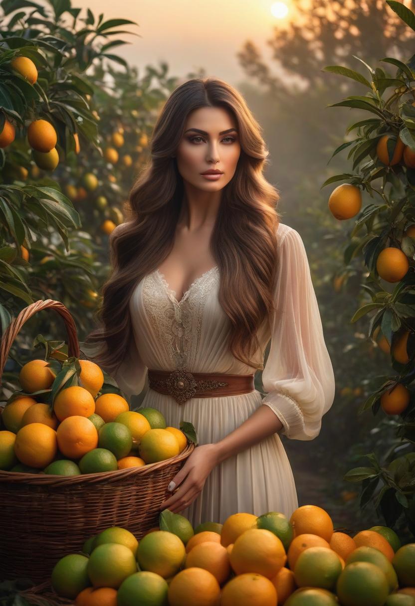  A beautiful girl with long, elegant hair from the early 20th century starts taking citrus fruits, places them in a beautiful transparent vase, smells it, a mysterious mist, highly detailed image, atmospheric lighting, a beautiful sunset landscape. hyperrealistic, full body, detailed clothing, highly detailed, cinematic lighting, stunningly beautiful, intricate, sharp focus, f/1. 8, 85mm, (centered image composition), (professionally color graded), ((bright soft diffused light)), volumetric fog, trending on instagram, trending on tumblr, HDR 4K, 8K