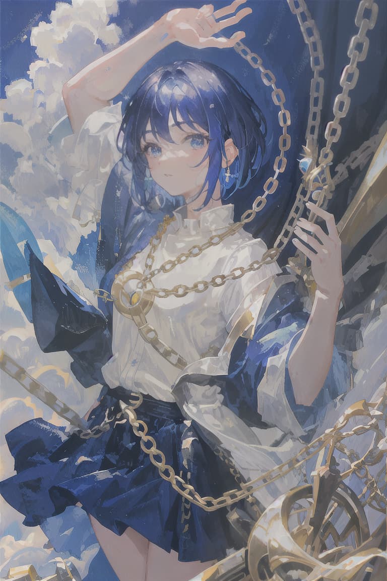  master piece , best quality,Blue hair, short hair, female hero, silver chain, rape