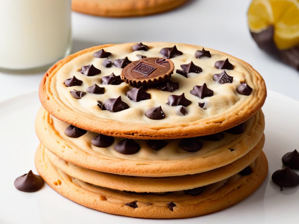  A closeup, highresolution image of a freshly baked chocolate chip cookie, still warm and gooey, with steam rising from it, set against a simple, elegant white backdrop. The cookie is perfectly golden brown, scattered with decadent, melty chocolate chips that glisten invitingly under a soft, natural light. The texture of the cookie appears soft and chewy, with a slight crumble as it breaks apart, revealing a rich, indulgent interior filled with more chocolate chips. hyperrealistic, full body, detailed clothing, highly detailed, cinematic lighting, stunningly beautiful, intricate, sharp focus, f/1. 8, 85mm, (centered image composition), (professionally color graded), ((bright soft diffused light)), volumetric fog, trending on instagram, trending on tumblr, HDR 4K, 8K