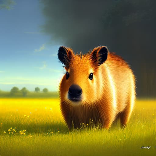 mdjrny-v4 style a painting of a capybara sitting in a field at sunrise 8k