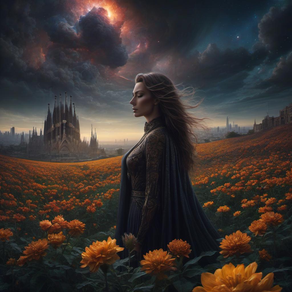  (stylized by Tomasz Alen Kopera:1.3) , dark art, dense flower field and Perseid meteor in background, landscape of a (Barcelona:1.2) , very Bizarre and 1600'S, Hurricane, Glitchcore, Amaro, layered textures, ornate, intricate artistic color, complimentary colors, very inspirational, atmosphere, fine artistic composition, sunny, theatrical hyperrealistic, full body, detailed clothing, highly detailed, cinematic lighting, stunningly beautiful, intricate, sharp focus, f/1. 8, 85mm, (centered image composition), (professionally color graded), ((bright soft diffused light)), volumetric fog, trending on instagram, trending on tumblr, HDR 4K, 8K