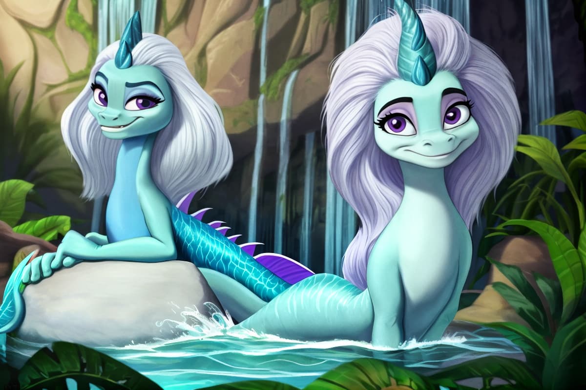  https://i.postimg.cc/L4bT7K4n/image.png The character of the 59th Walt Disney Animation Studios cartoon "Raya and the Last Dragon". Dragon sisudatu A cute furry dragon mermaid with purple eyes and long white hair, sitting in the water next to a waterfall. The art is in the style of a cartoon, depicting a fantasy scene with a full body portrait of the mermaid. She has blue scales and a happy expression, set against a forest background. The artwork is high resolution and high in detail, with vibrant colors in a watercolor style. It was trending on Artstation.