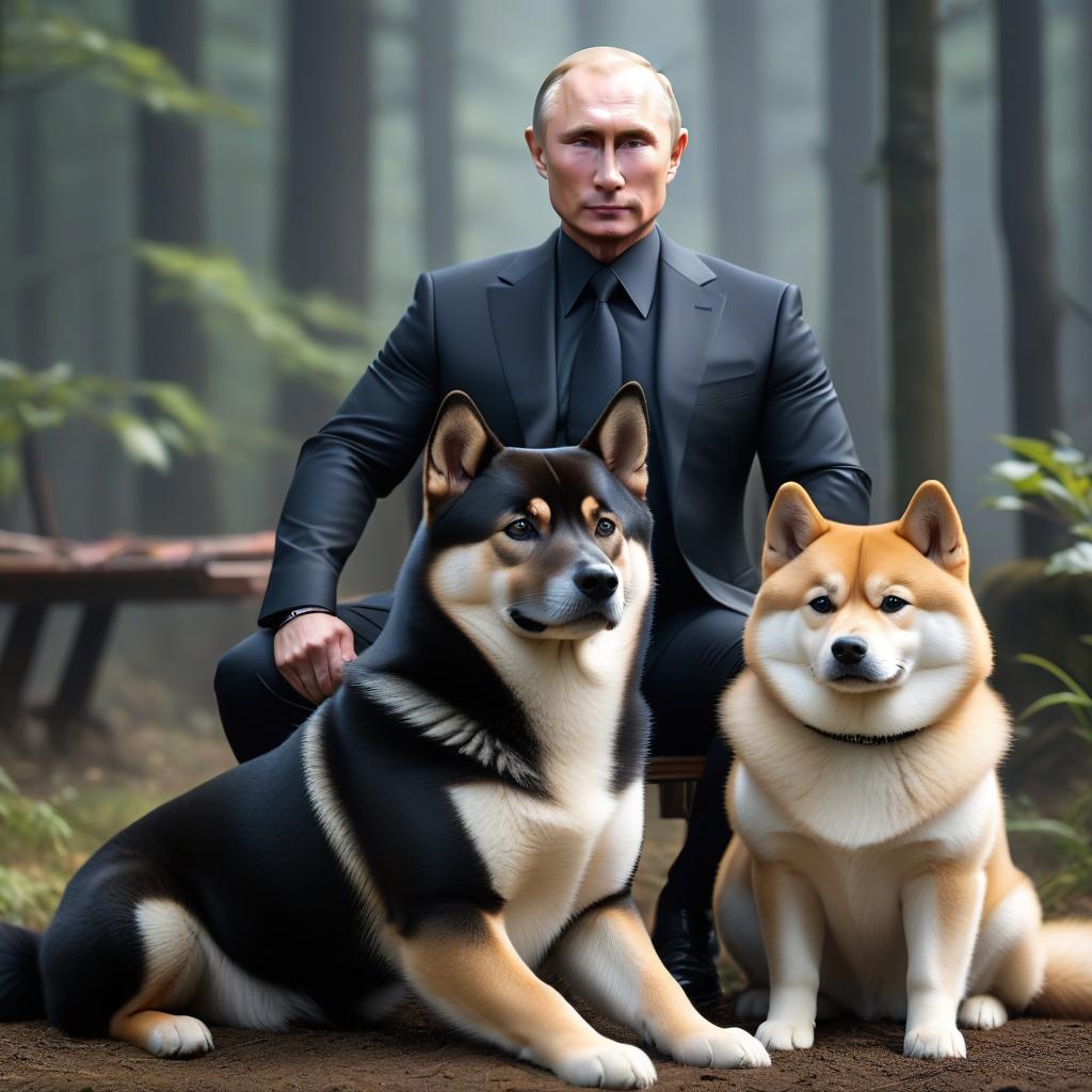  Vladimir Putin and a black Shiba Inu sitting next to him hyperrealistic, full body, detailed clothing, highly detailed, cinematic lighting, stunningly beautiful, intricate, sharp focus, f/1. 8, 85mm, (centered image composition), (professionally color graded), ((bright soft diffused light)), volumetric fog, trending on instagram, trending on tumblr, HDR 4K, 8K