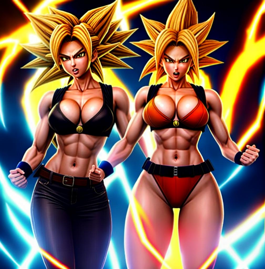  ((foto de cuerpo completo, pie plano, cuerpo recto)), ((laura {Super Super Saiyan mujer con grandes pechos})), ((lleva puesto son goku+Los disfraces de ella son extremadamente ajustados a su cuerpo.))