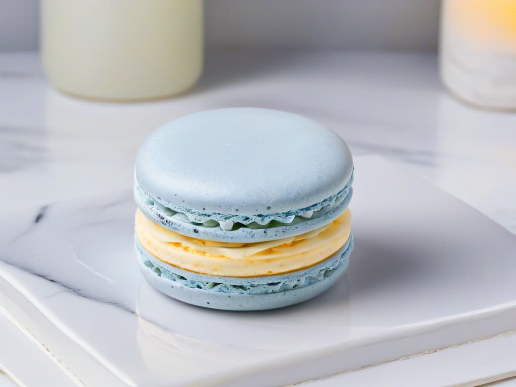  An ultradetailed 8k image of a single perfect, delicate macaron sitting on a sleek, modern marble countertop. The macaron shines under soft, natural light, showcasing its smooth, glossy surface and precise, colorful layers. The background is blurred, emphasizing the macaron's elegance and inviting the viewer to focus solely on this exquisite French delicacy. hyperrealistic, full body, detailed clothing, highly detailed, cinematic lighting, stunningly beautiful, intricate, sharp focus, f/1. 8, 85mm, (centered image composition), (professionally color graded), ((bright soft diffused light)), volumetric fog, trending on instagram, trending on tumblr, HDR 4K, 8K