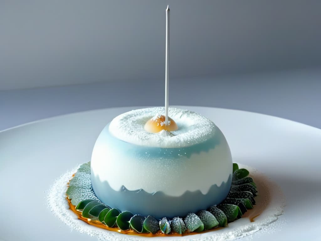  An ultradetailed image of a delicate sugar sphere being delicately placed on top of a molecular gastronomy dessert, showcasing the intricate layers and textures of the dessert. hyperrealistic, full body, detailed clothing, highly detailed, cinematic lighting, stunningly beautiful, intricate, sharp focus, f/1. 8, 85mm, (centered image composition), (professionally color graded), ((bright soft diffused light)), volumetric fog, trending on instagram, trending on tumblr, HDR 4K, 8K