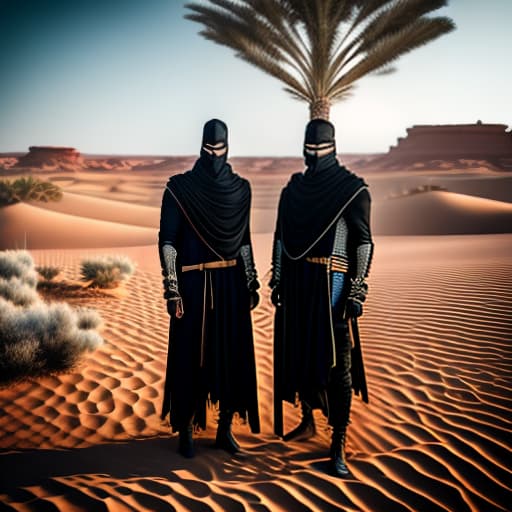 estilovintedois Two masked men with black scarves look back angrily in the desert hyperrealistic, full body, detailed clothing, highly detailed, cinematic lighting, stunningly beautiful, intricate, sharp focus, f/1. 8, 85mm, (centered image composition), (professionally color graded), ((bright soft diffused light)), volumetric fog, trending on instagram, trending on tumblr, HDR 4K, 8K