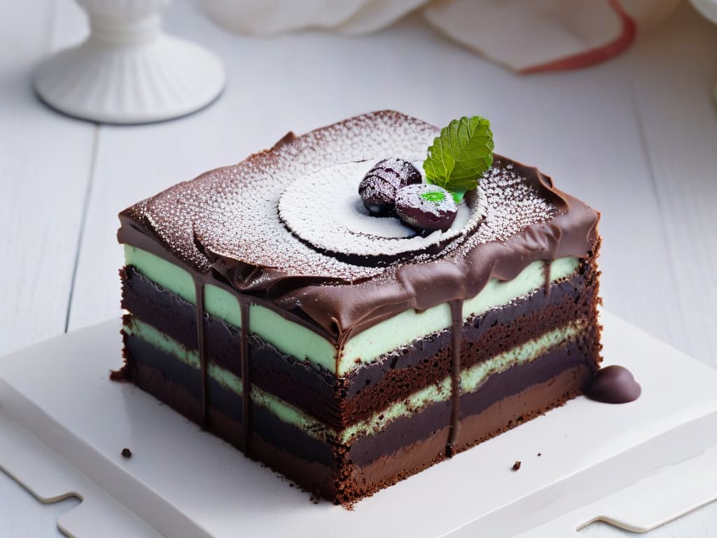  An ultradetailed closeup image of a decadent Peppermint Slice, showcasing layers of rich dark chocolate, creamy mint filling, and a dusting of crushed peppermint candies on top. The chocolate is glossy and smooth, contrasting beautifully with the textured mint layer, creating a visually striking and mouthwatering treat. The lighting is soft, highlighting the intricate details and inviting the viewer to indulge in the refreshing flavors of the dessert. hyperrealistic, full body, detailed clothing, highly detailed, cinematic lighting, stunningly beautiful, intricate, sharp focus, f/1. 8, 85mm, (centered image composition), (professionally color graded), ((bright soft diffused light)), volumetric fog, trending on instagram, trending on tumblr, HDR 4K, 8K