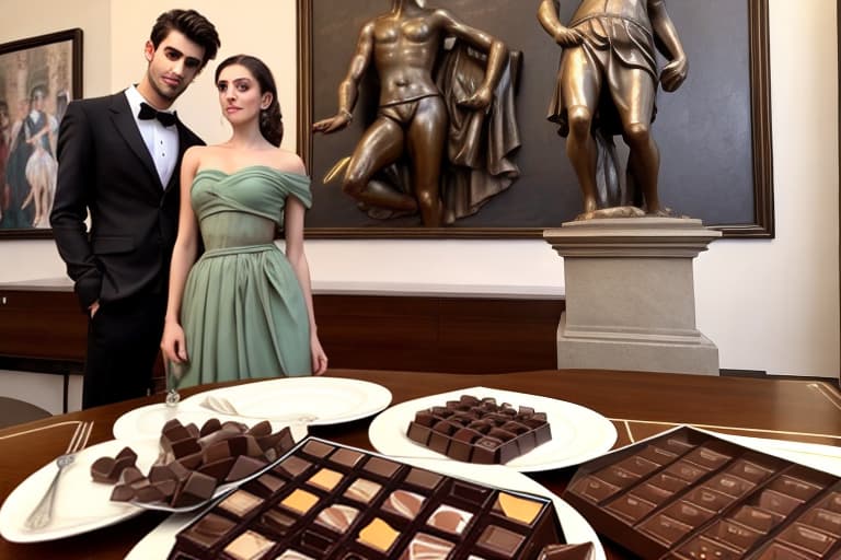  Attractive Beautiful young modern Italian couple dressed in modern designer attire looking. Foreground plates of fine dark chocolates on a table. Background The statue of David by Michelangelo Painting style of Edgar Degas