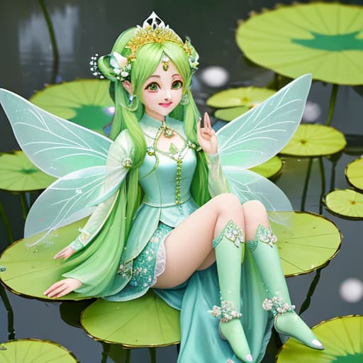  With lotus, fairy elements, the main color is green, a bright doll,