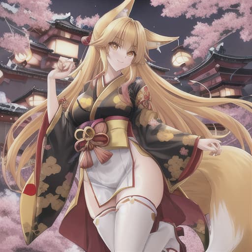  cute fox girl, yellow hair, Japanese outfits