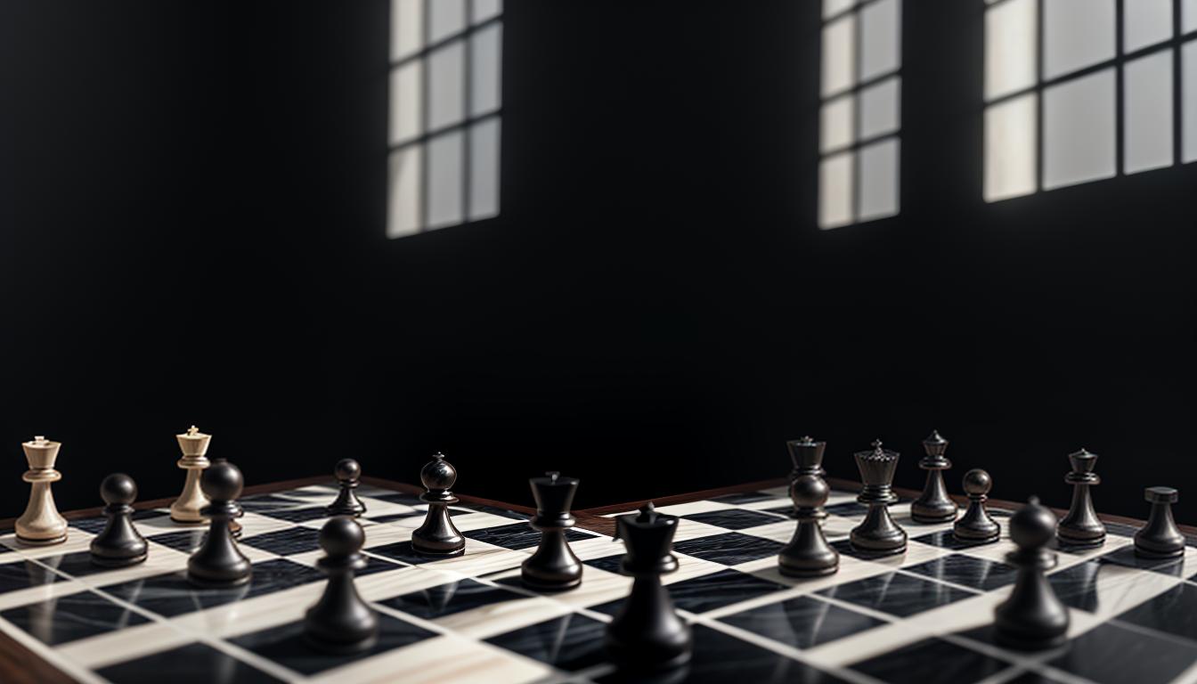  digital illustration, A chessboard with pieces moved strategically, shadows of human figures behind pieces hinting at subconscious control, intricate marble and wooden textures, focused light on the pieces, calculated and thoughtful mood, looking at viewer, dynamic pose, (intricate details, masterpiece, best quality)