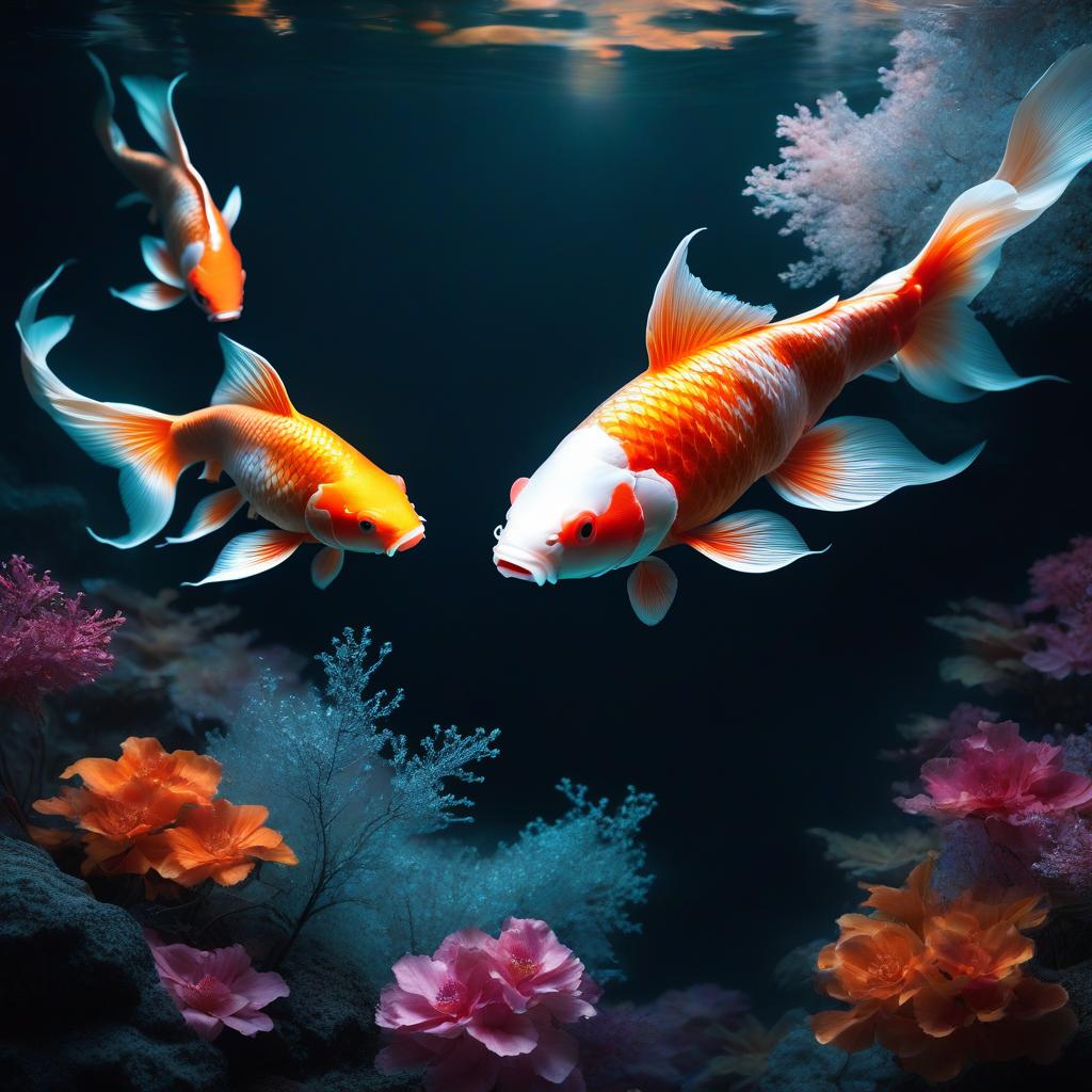  Digital Image. Distant Plan. One translucent koi carp, Beautiful, perfectly shaped, with a harmonious composition of bright spots. A graceful curve. Luminous, bioluminescent. (With x ray effect: 1,2). Background: surrealist abstractionism with baroque style splashes and waves. Magical realism. Splash art, spirit ink. Meticulous detail, sharp focus, dark fantasy, luminous, rich colour. HDR, octane rendering, cinematic light. hyperrealistic, full body, detailed clothing, highly detailed, cinematic lighting, stunningly beautiful, intricate, sharp focus, f/1. 8, 85mm, (centered image composition), (professionally color graded), ((bright soft diffused light)), volumetric fog, trending on instagram, trending on tumblr, HDR 4K, 8K