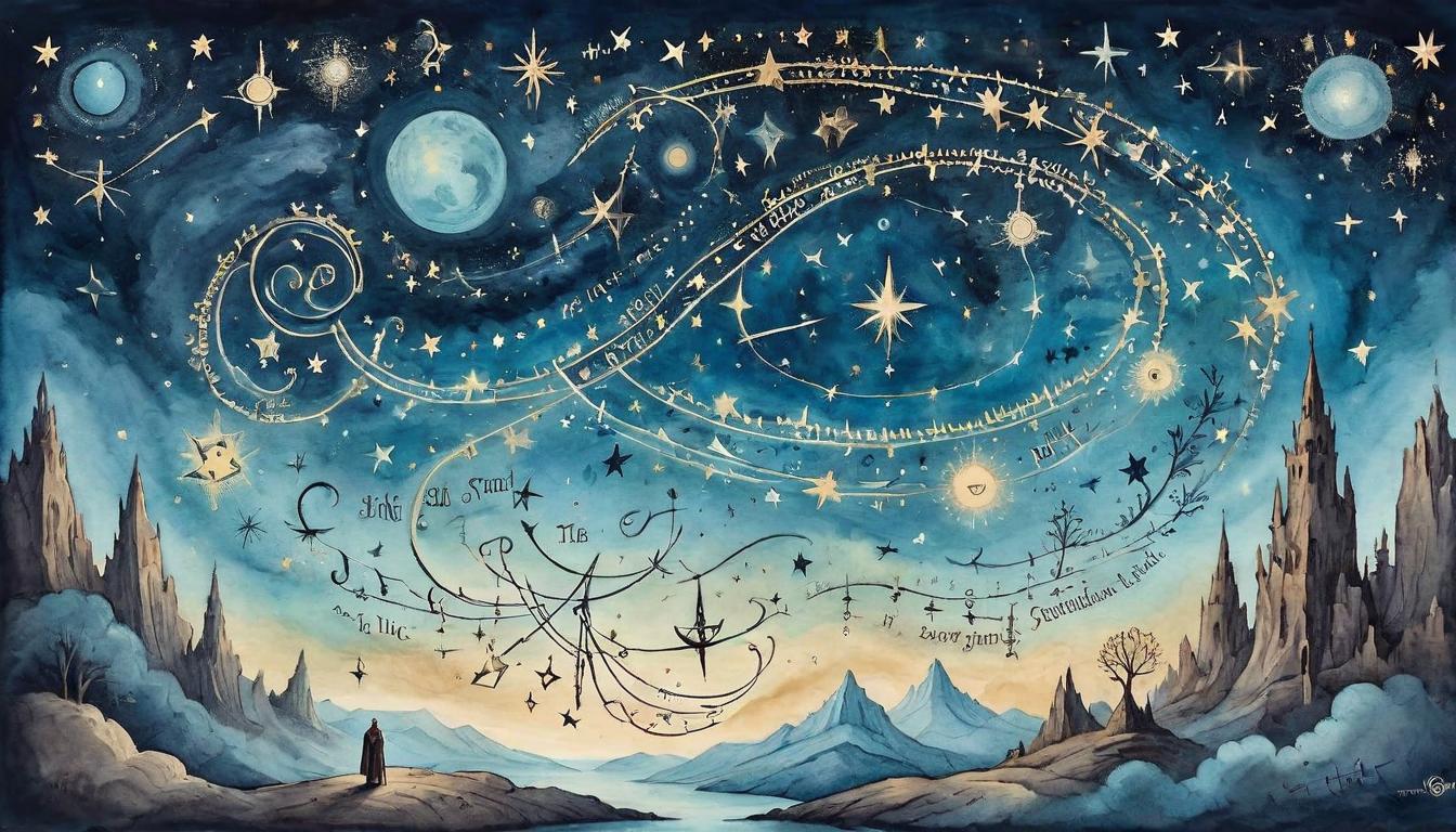  on parchment, surrealism+++, A constellation of stars forming meaningful symbols in the sky, a person looking up with a knowing expression, cosmic alignment, messages, affirmation, manifestation(mysterious, provocative, symbolic,muted color)+++