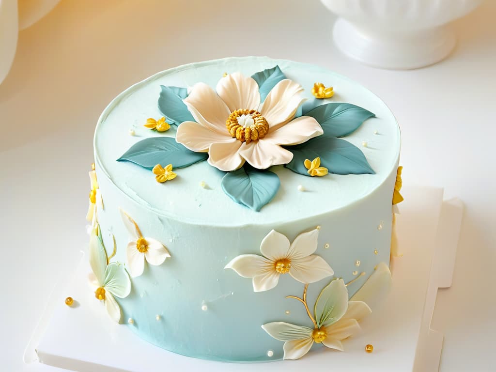  A closeup, highresolution image of a delicate, intricately designed sugar flower resting on a pristine white fondant cake. The flower displays a gradient of pastel colors and is surrounded by tiny edible gold leaf accents, showcasing the meticulous craftsmanship and artistry that goes into pastry decoration. The background is softly blurred to keep the focus solely on the exquisite details of the sugar flower. hyperrealistic, full body, detailed clothing, highly detailed, cinematic lighting, stunningly beautiful, intricate, sharp focus, f/1. 8, 85mm, (centered image composition), (professionally color graded), ((bright soft diffused light)), volumetric fog, trending on instagram, trending on tumblr, HDR 4K, 8K