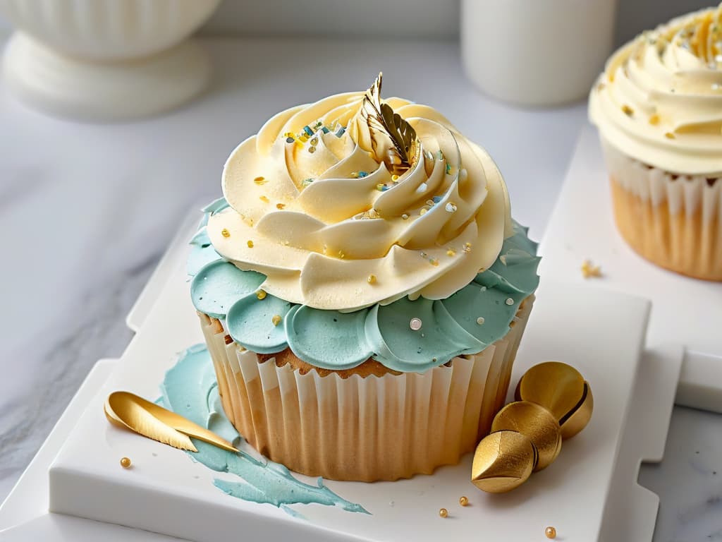  An ultradetailed closeup image of a perfectly frosted cupcake, showcasing intricate swirls of pastelcolored buttercream, delicate sprinkles cascading down the side, and a single edible gold leaf delicately placed on top. The cupcake sits on a sleek, white marble countertop, with soft natural light highlighting its glossy texture and inviting presentation. hyperrealistic, full body, detailed clothing, highly detailed, cinematic lighting, stunningly beautiful, intricate, sharp focus, f/1. 8, 85mm, (centered image composition), (professionally color graded), ((bright soft diffused light)), volumetric fog, trending on instagram, trending on tumblr, HDR 4K, 8K