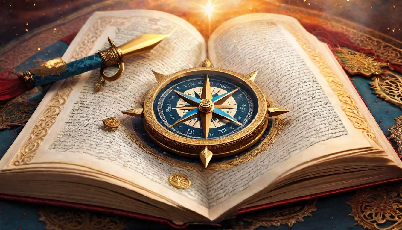  digital painting of A compass superimposed over an open Quran, guiding through divine wisdom, spiritual journey, enlightened path, unity with divine intent looking at viewer, dynamic pose, (intricate details, masterpiece, best quality)