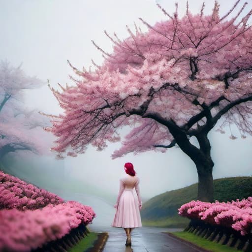  a pink cherry blossom tree below it there is a glowing girl with cherry blossoms hair hyperrealistic, full body, detailed clothing, highly detailed, cinematic lighting, stunningly beautiful, intricate, sharp focus, f/1. 8, 85mm, (centered image composition), (professionally color graded), ((bright soft diffused light)), volumetric fog, trending on instagram, trending on tumblr, HDR 4K, 8K