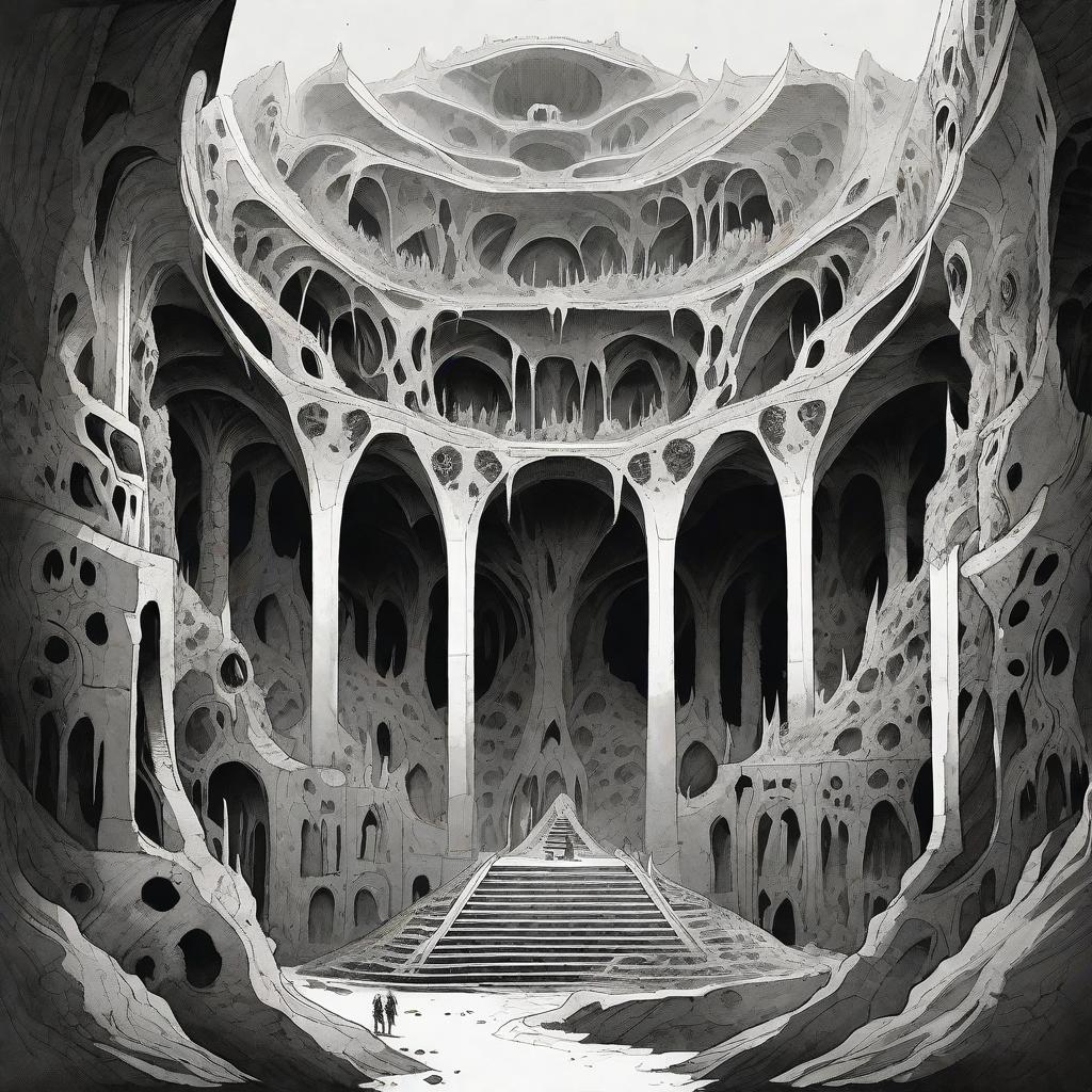  masterpiece, best quality, At the heart of Jahannam lies the Ghoul Hive, a vast, cavernous chamber where the ghouls congregate. Towering, skeletal structures rise from the fetid, brackish pools that dot the chamber, serving as nests and breeding grounds for the foul creatures. Ghouls of all shapes and sizes scuttle across the uneven, bone-strewn floor, their hollow eyes glinting with malevolence.