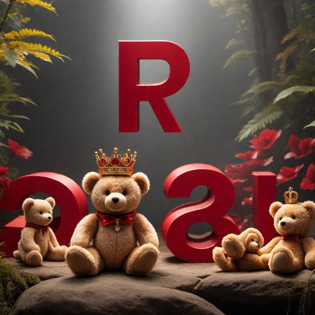  a logo for 'R.LAW' written in bold red letters with a gold three-point crown positioned above the text. The background is filled with illustrated teddy bears hyperrealistic, full body, detailed clothing, highly detailed, cinematic lighting, stunningly beautiful, intricate, sharp focus, f/1. 8, 85mm, (centered image composition), (professionally color graded), ((bright soft diffused light)), volumetric fog, trending on instagram, trending on tumblr, HDR 4K, 8K