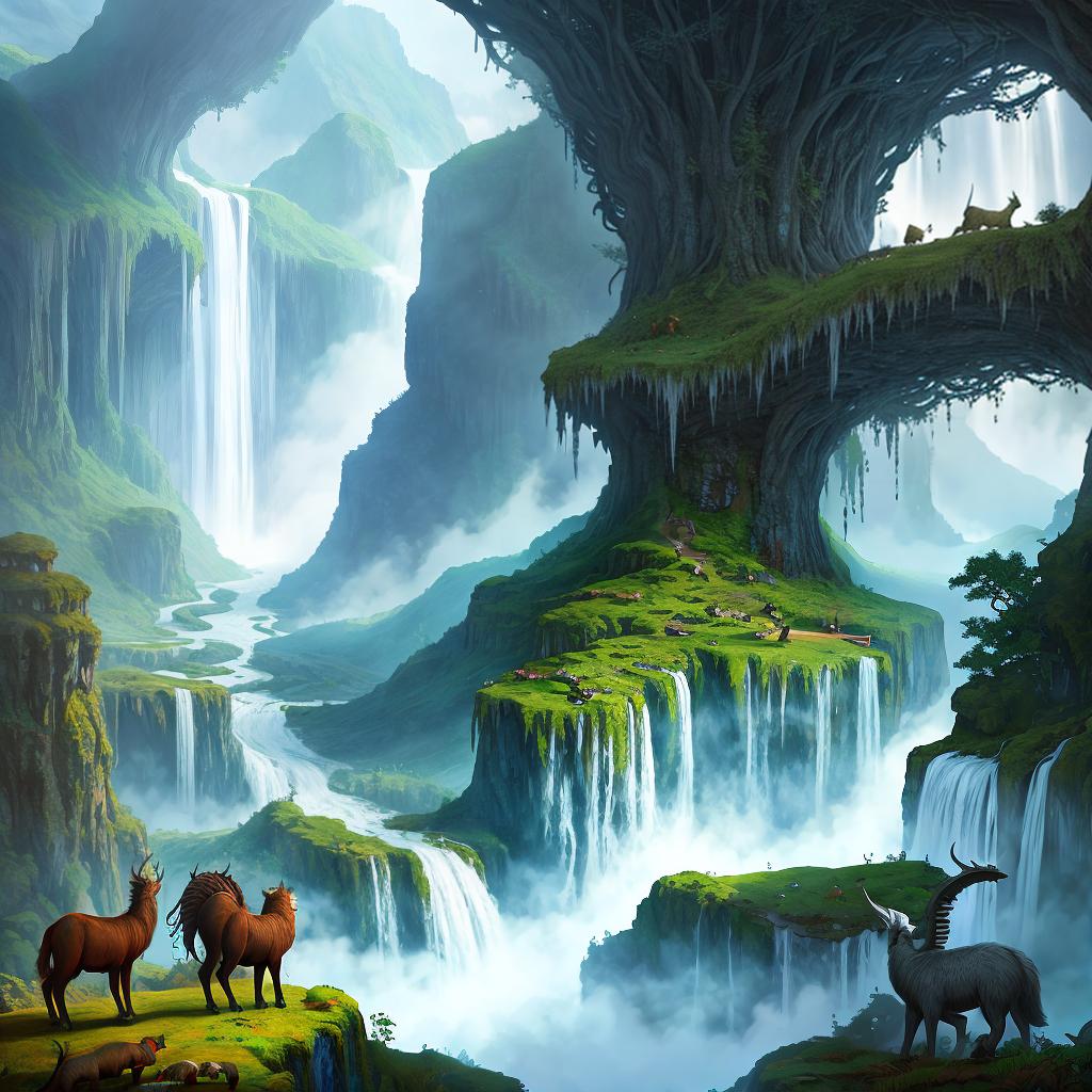  in a fantasy setting, Paint a surreal landscape where mythical beasts roam amidst cascading waterfalls.