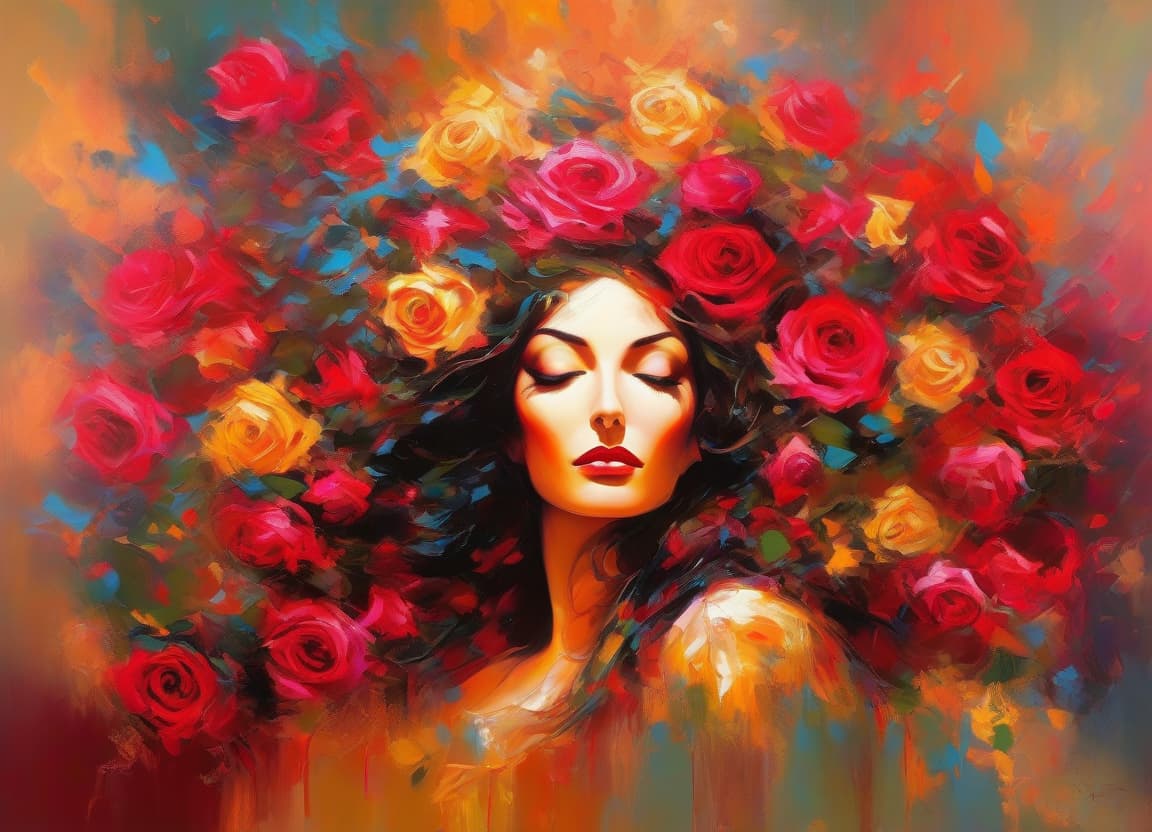  abstract expressionist painting More about Crowned in Roses: A Serene Beauty A serene woman with flowing hair adorned by a vibrant crown of roses, displaying a sense of peaceful beauty. . energetic brushwork, bold colors, abstract forms, expressive, emotional hyperrealistic, full body, detailed clothing, highly detailed, cinematic lighting, stunningly beautiful, intricate, sharp focus, f/1. 8, 85mm, (centered image composition), (professionally color graded), ((bright soft diffused light)), volumetric fog, trending on instagram, trending on tumblr, HDR 4K, 8K