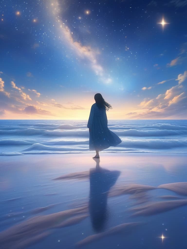  The background is the sea, the sky, the starry sky, the sunset, a little, the woman is looking up at the starry sky while walking on the sandy beach., masterpiece, best quality,8k,ultra detailed,high resolution,an extremely delicate and beautiful,hyper detail