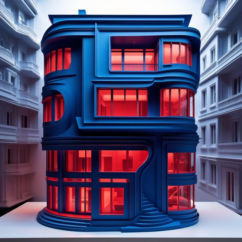  stacked papercut art of A Zaha Hadid style house, blue light from the windows, street lamps, red butterflies. In English: A house in the style of Zaha Hadid, with blue light from the windows, street lamps, and red butterflies. . 3D, layered, dimensional, depth, precision cut, stacked layers, papercut, high contrast hyperrealistic, full body, detailed clothing, highly detailed, cinematic lighting, stunningly beautiful, intricate, sharp focus, f/1. 8, 85mm, (centered image composition), (professionally color graded), ((bright soft diffused light)), volumetric fog, trending on instagram, trending on tumblr, HDR 4K, 8K