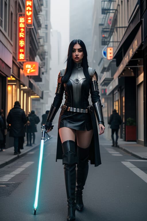   on city street with lightsaber, Star Wars costume, looking a viewer, long black hair, blue eyes, tattoos, short , knee high boots hyperrealistic, full body, detailed clothing, highly detailed, cinematic lighting, stunningly beautiful, intricate, sharp focus, f/1. 8, 85mm, (centered image composition), (professionally color graded), ((bright soft diffused light)), volumetric fog, trending on instagram, trending on tumblr, HDR 4K, 8K