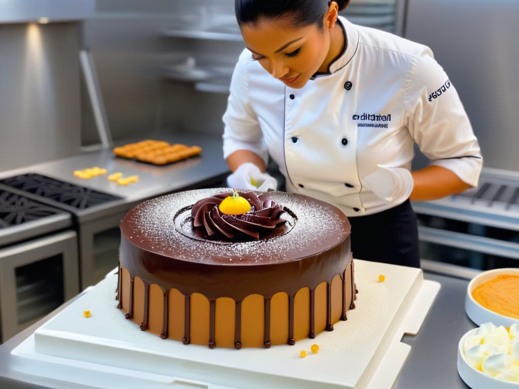  An ultradetailed 8k image of a professional pastry chef in a sleek modern kitchen, using an augmented reality app to visualize intricate cake decorations. The chef is focused, with a look of concentration and creativity, surrounded by digital holographic overlays of various cake designs and tools floating around the kitchen. The minimalistic aesthetic emphasizes the fusion of traditional craftsmanship with cuttingedge technology, highlighting the impact of AR apps on pastry professionals. hyperrealistic, full body, detailed clothing, highly detailed, cinematic lighting, stunningly beautiful, intricate, sharp focus, f/1. 8, 85mm, (centered image composition), (professionally color graded), ((bright soft diffused light)), volumetric fog, trending on instagram, trending on tumblr, HDR 4K, 8K