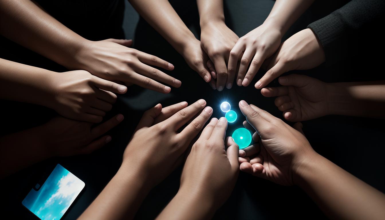  cinematic, aesthetic, Hands clasping together in unity, various hands forming a circle, symbolizing community and connection, diversity in hands, bonding, strong connections, harmonious circles, 4k, HDR, lens flare