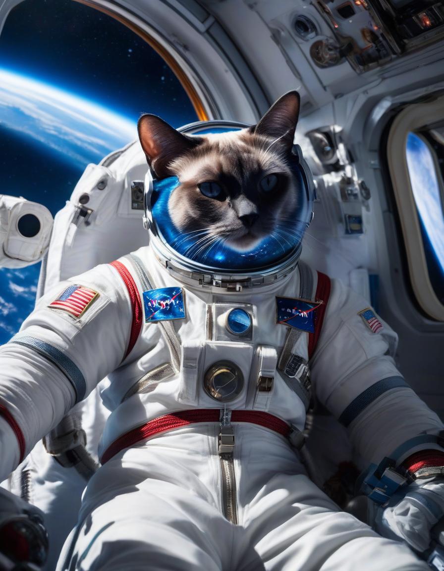  space themed Siamese cat in zero gravity on board the ISS, inside which the Sun, planet Earth, and stars are visible in the window, equipment, glare, realistic, high detail . cosmic, celestial, stars, galaxies, nebulas, planets, science fiction, highly detailed hyperrealistic, full body, detailed clothing, highly detailed, cinematic lighting, stunningly beautiful, intricate, sharp focus, f/1. 8, 85mm, (centered image composition), (professionally color graded), ((bright soft diffused light)), volumetric fog, trending on instagram, trending on tumblr, HDR 4K, 8K