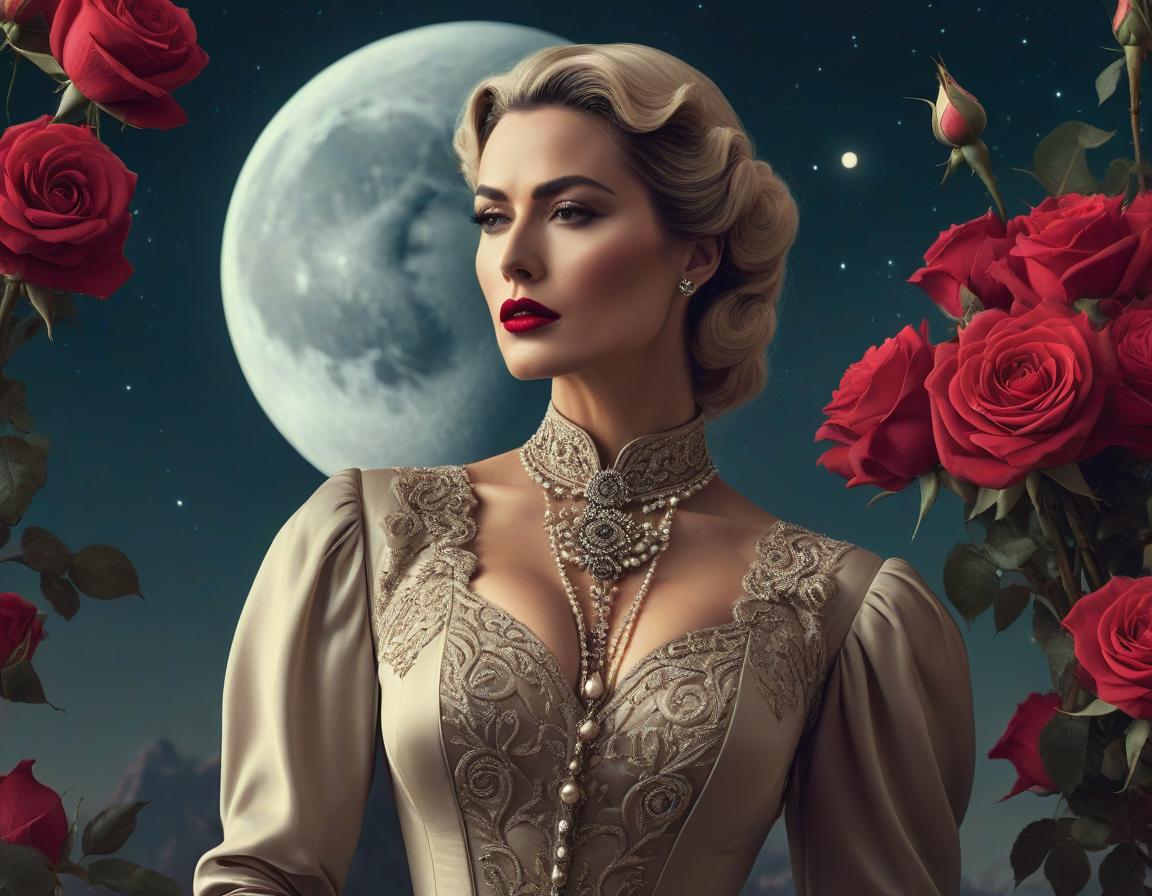  concept art An elaborate digital artwork of a woman in vintage attire with roses and a lunar backdrop. . digital artwork, illustrative, painterly, matte painting, highly detailed hyperrealistic, full body, detailed clothing, highly detailed, cinematic lighting, stunningly beautiful, intricate, sharp focus, f/1. 8, 85mm, (centered image composition), (professionally color graded), ((bright soft diffused light)), volumetric fog, trending on instagram, trending on tumblr, HDR 4K, 8K