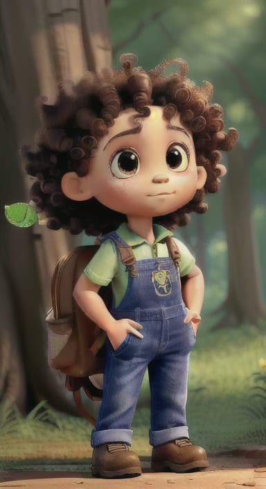  {The tree with a twinkling eye, while its leaves gently rustle., Riley, a curious with big brown eyes and curly hair, wearing overalls and carrying a small backpack. Their friend, Skye, a bluebird with shiny feathers.