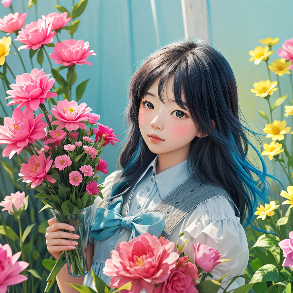  with a crayon art style, Afoto charming scene unfolds as a girl delicately places vibrant flowers into an enchanting crayon-rendered vase.