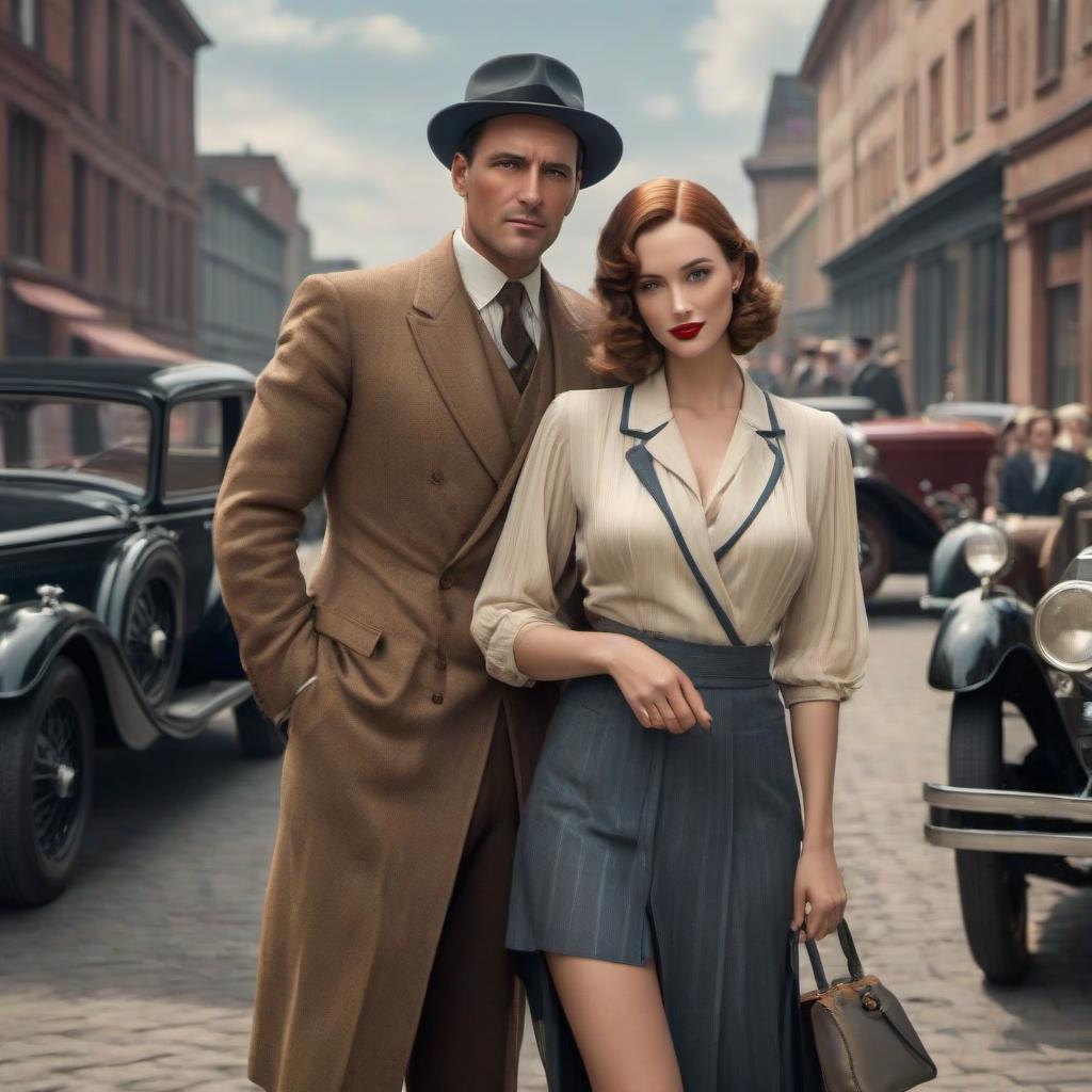  A man with a girl in the style of the 1930s. here is what AI model generated for the translation: "A man with a girl in the style of the 1930s." Punctuations have been preserved intact. hyperrealistic, full body, detailed clothing, highly detailed, cinematic lighting, stunningly beautiful, intricate, sharp focus, f/1. 8, 85mm, (centered image composition), (professionally color graded), ((bright soft diffused light)), volumetric fog, trending on instagram, trending on tumblr, HDR 4K, 8K