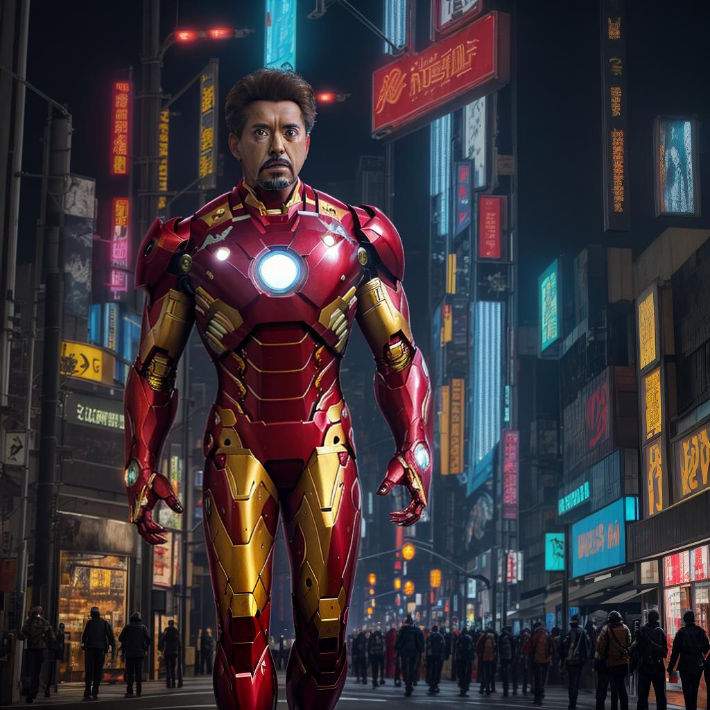  masterpiece, best quality, masterpiece, 8k resolution, realistic, highly detailed, Iron Man close-up. He stands on a street lined with tall buildings in a cyberpunk style city at night. The city's night lights are bright, and the surrounding buildings and streets are full of cyberpunk elements such as neon lights, high-tech equipment and futuristic architectural design.