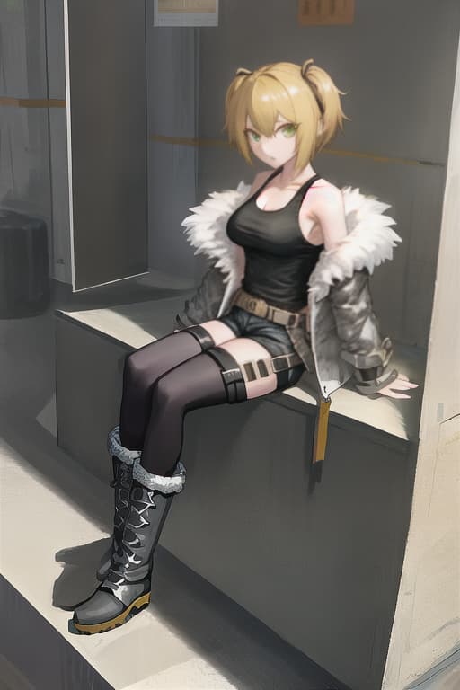  Hot pants, thigh tightening belts, fur with fur, tank top inner, booth, big tits, short boots, blonde short hair, one -legged nisso, sitting, sitting
