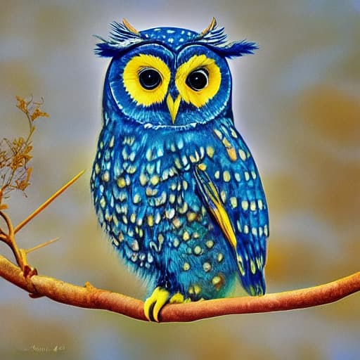  A blue owl with a gold circle and the word owl on it. Apply the Following Styles FineArtPhotography, Japonisme, Mail Art hyperrealistic, full body, detailed clothing, highly detailed, cinematic lighting, stunningly beautiful, intricate, sharp focus, f/1. 8, 85mm, (centered image composition), (professionally color graded), ((bright soft diffused light)), volumetric fog, trending on instagram, trending on tumblr, HDR 4K, 8K