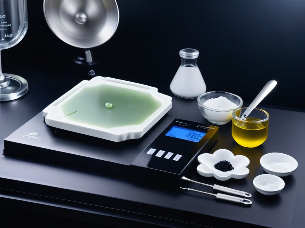  An ultradetailed closeup image of a sleek, silver molecular gastronomy kit laid out on a black marble countertop. The kit includes precise measuring spoons, a set of pipettes, a digital scale, small vials of agar agar and calcium lactate, and a sleek molecular gastronomy recipe book with intricate diagrams. The lighting is soft, highlighting the reflections on the metallic surfaces and creating a sophisticated and professional ambiance. hyperrealistic, full body, detailed clothing, highly detailed, cinematic lighting, stunningly beautiful, intricate, sharp focus, f/1. 8, 85mm, (centered image composition), (professionally color graded), ((bright soft diffused light)), volumetric fog, trending on instagram, trending on tumblr, HDR 4K, 8K