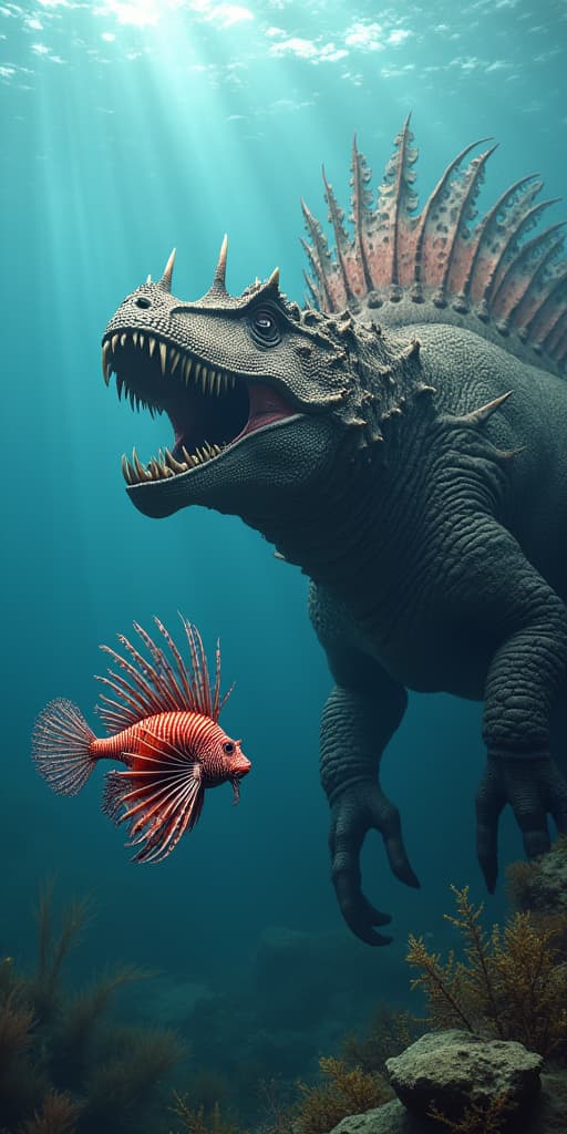  good quality, high quality, a red lionfish swimming right next to a huge mosasaurus, epic, realistic, highly detailed