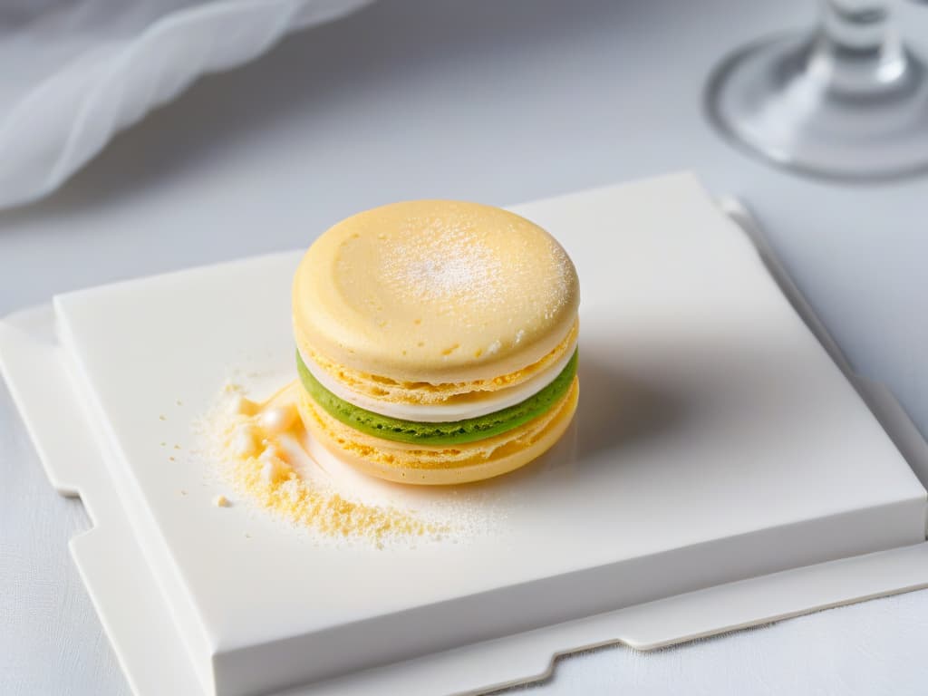  A closeup, ultradetailed image of a single exquisite, perfectly crafted macaron placed delicately on a sleek, modern, and minimalistic white plate, highlighting its smooth surface, vibrant color, and elegant design. The soft natural lighting emphasizes the subtle texture and delicate details of the dessert, evoking a sense of sophistication and simplicity in pastry art. hyperrealistic, full body, detailed clothing, highly detailed, cinematic lighting, stunningly beautiful, intricate, sharp focus, f/1. 8, 85mm, (centered image composition), (professionally color graded), ((bright soft diffused light)), volumetric fog, trending on instagram, trending on tumblr, HDR 4K, 8K