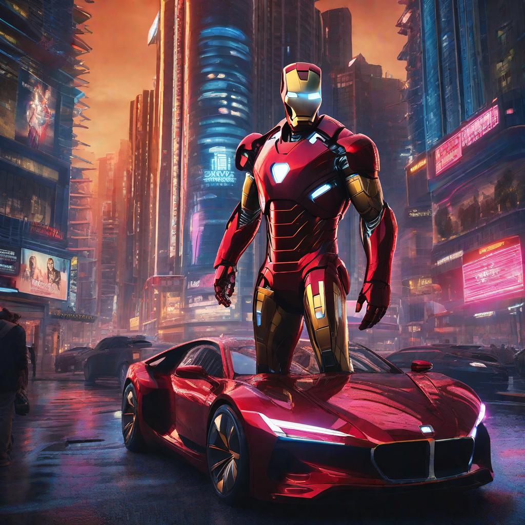  masterpiece, best quality, Best quality, masterpiece, 8k resolution, realistic, highly detailed, close up of Iron Man. In a cyberpunk-style night scene of the city, he stands on a street lined with tall buildings. The city's night lights are bright, The surrounding buildings and streets are filled with cyberpunk elements such as neon lights, high-tech devices, and futuristic architectural designs.