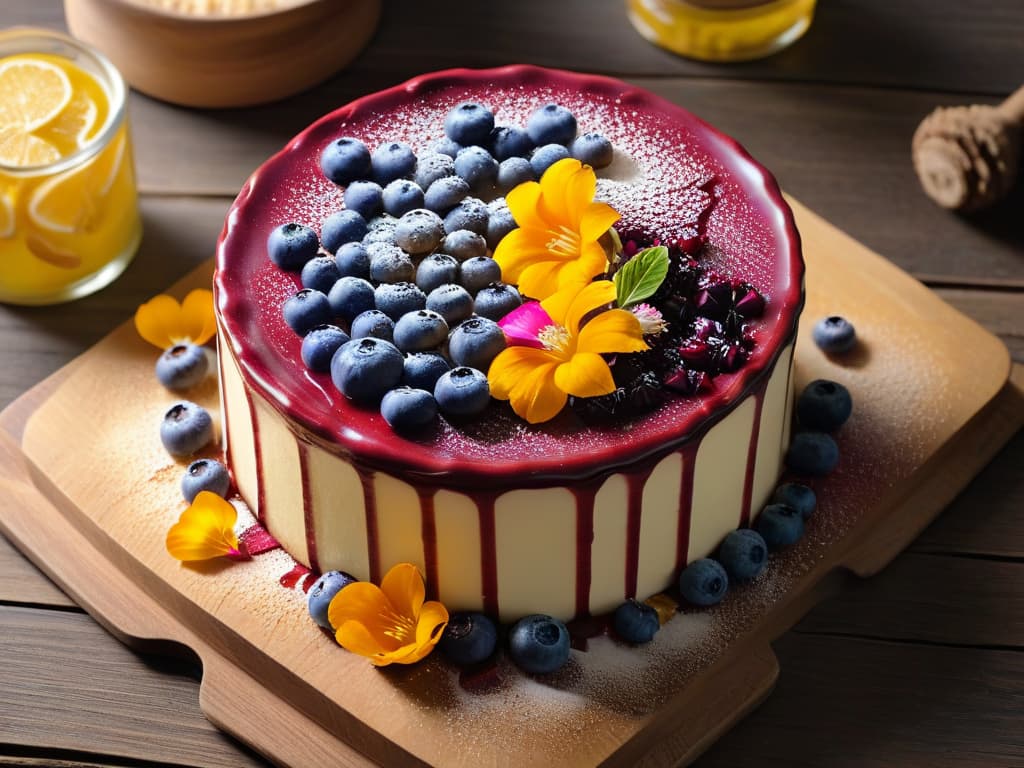  A photorealistic image of a decadent organic acai berry cheesecake topped with fresh blueberries, edible flowers, and a drizzle of honey, set on a rustic wooden table with soft natural lighting highlighting the intricate details of the creamy texture and vibrant colors of the dessert. hyperrealistic, full body, detailed clothing, highly detailed, cinematic lighting, stunningly beautiful, intricate, sharp focus, f/1. 8, 85mm, (centered image composition), (professionally color graded), ((bright soft diffused light)), volumetric fog, trending on instagram, trending on tumblr, HDR 4K, 8K