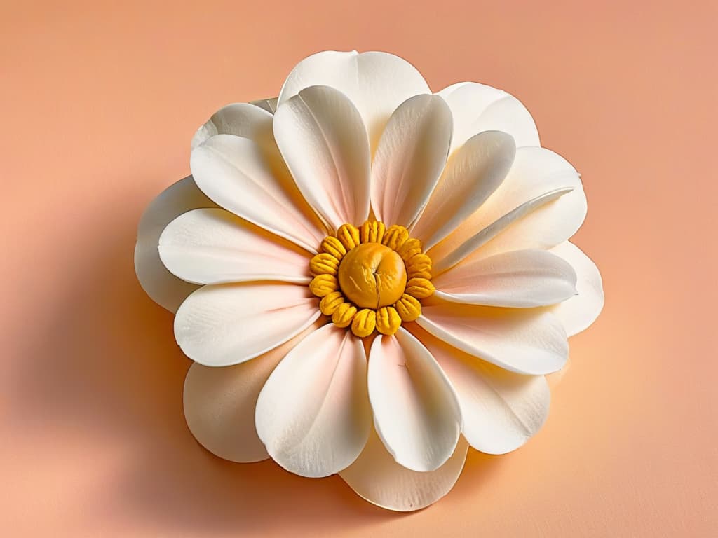  A closeup, ultradetailed image of a perfectly crafted, intricate sugar flower made with delicate white petals and a golden center, set against a soft pastel pink background. The light delicately illuminates the details of each petal, showcasing the skill and artistry involved in creating such a stunning piece of edible art. hyperrealistic, full body, detailed clothing, highly detailed, cinematic lighting, stunningly beautiful, intricate, sharp focus, f/1. 8, 85mm, (centered image composition), (professionally color graded), ((bright soft diffused light)), volumetric fog, trending on instagram, trending on tumblr, HDR 4K, 8K