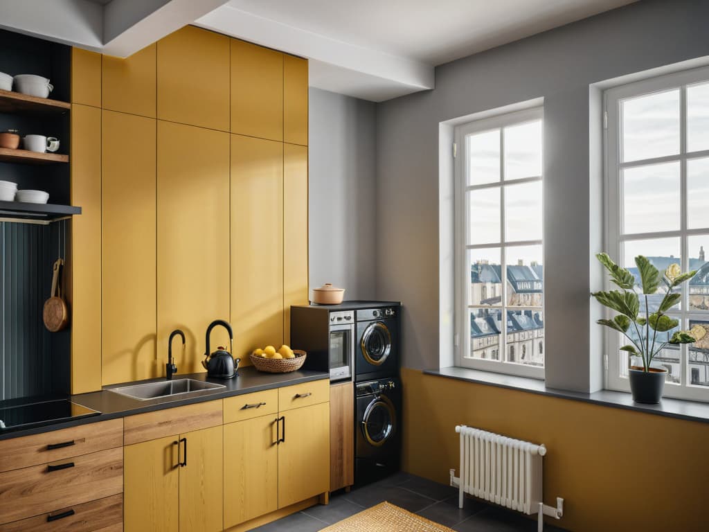   A modern kitchen with mustard yellow cabinets, black countertops, and gray floor tiles. Includes a washing machine, gas stove, white subway tile backsplash, wooden shelves, and plentiful natural light from the black framed window, Cinematic photo, highly detailed, cinematic lighting, ultra detailed, ultrarealistic, photorealism, 8k.  hyperrealistic, full body, detailed clothing, highly detailed, cinematic lighting, stunningly beautiful, intricate, sharp focus, f/1. 8, 85mm, (centered image composition), (professionally color graded), ((bright soft diffused light)), volumetric fog, trending on instagram, trending on tumblr, HDR 4K, 8K