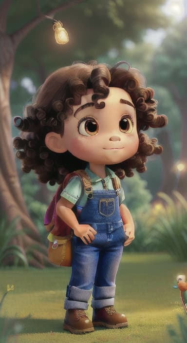  {The tree shining brightly and releasing a gentle, magical light., Riley, a curious with big brown eyes and curly hair, wearing overalls and carrying a small backpack. Their friend, Skye, a bluebird with shiny feathers.